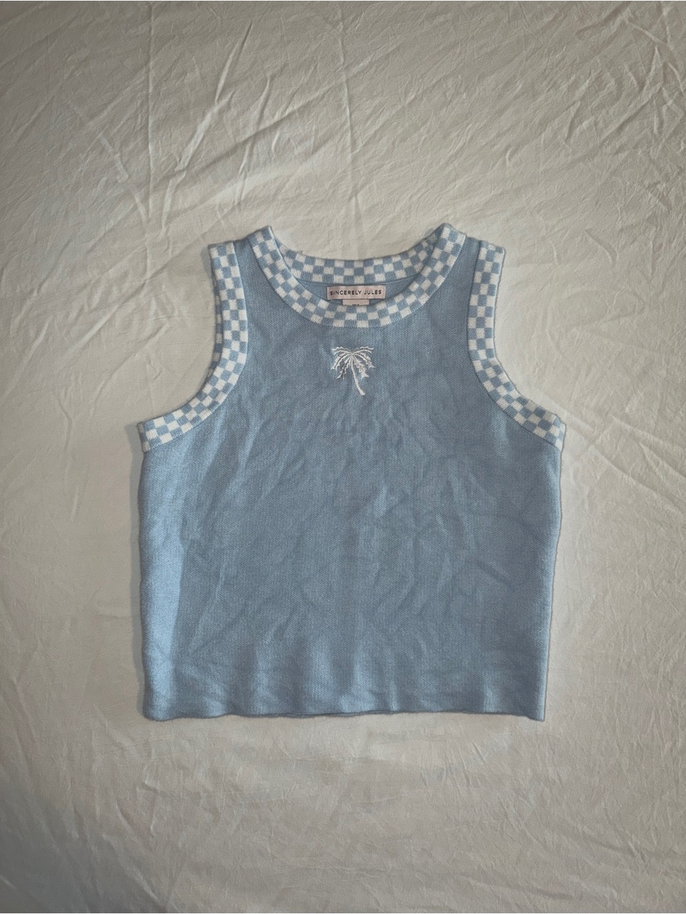 Sincerly Jules Light Blue Knit Tank with Checker Trim